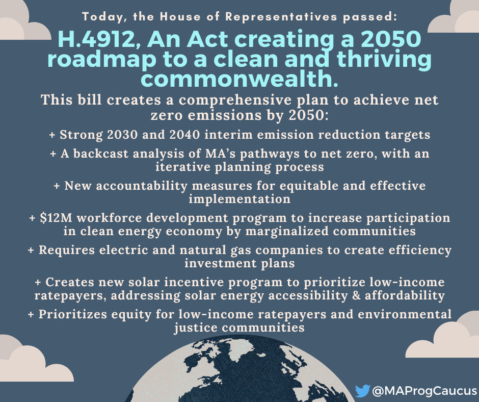 MAProgCaucus's tweet photo. Tonight the House passed the #2050Roadmap in a vote of 142-17 –our priority to address the climate crisis. Originally filed by Caucus member @JoanMeschino, this bill lays out a comprehensive &amp; bold plan to achieve net zero emissions by 2050. Here’s how we’ll get there: /1 #MApoli https://t.co/JQV2Iu5h2K