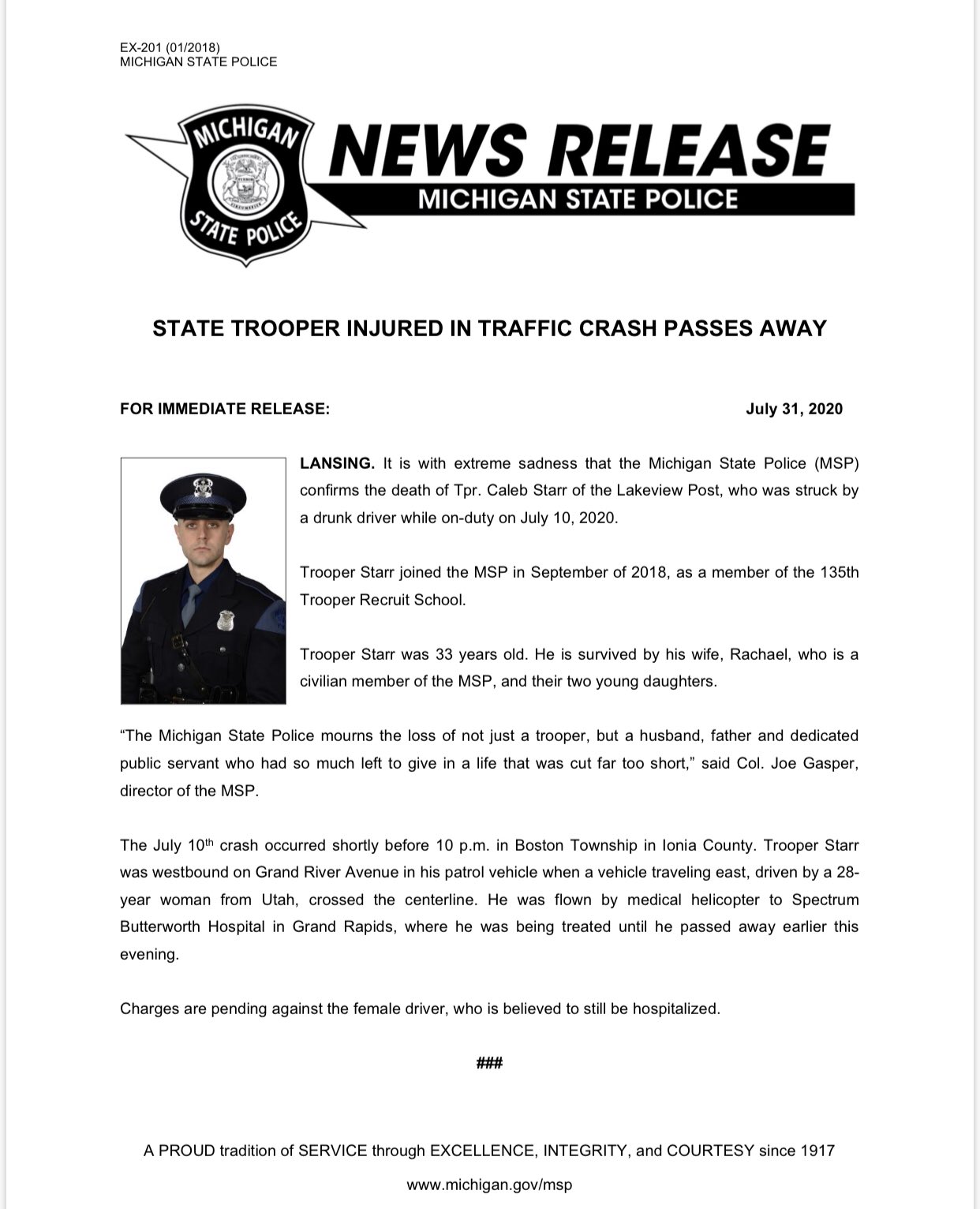 MSP Second District on X: Please see the notification of the Line of Duty  death of Tpr Caleb Starr of the Lakeview Post. He is the 54th Michigan  State Police trooper to