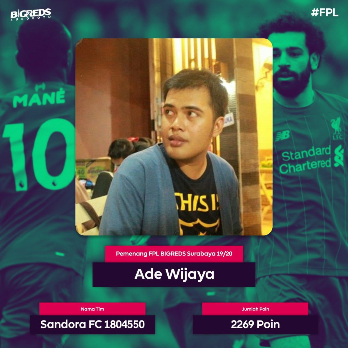 BRSurabaya's tweet photo. Klasemen akhir #FPL BRSUB 19/20
🏆 1: Sandora FC 1804550 - Ade Wijaya
Hadiah: JERSEY ORIGINAL LFC 19/20
🏆 2: Atoms For Peace FC - @bayuasmor
Hadiah: Merchandise freekick jersey
🏆 Juara 3: on seven club - Faizal Anuwar
Hadiah: Merchandise BRS
#FPL #BRSUB #SCOUSEROBOYO #kgmi https://t.co/3UEI3d4tMG
