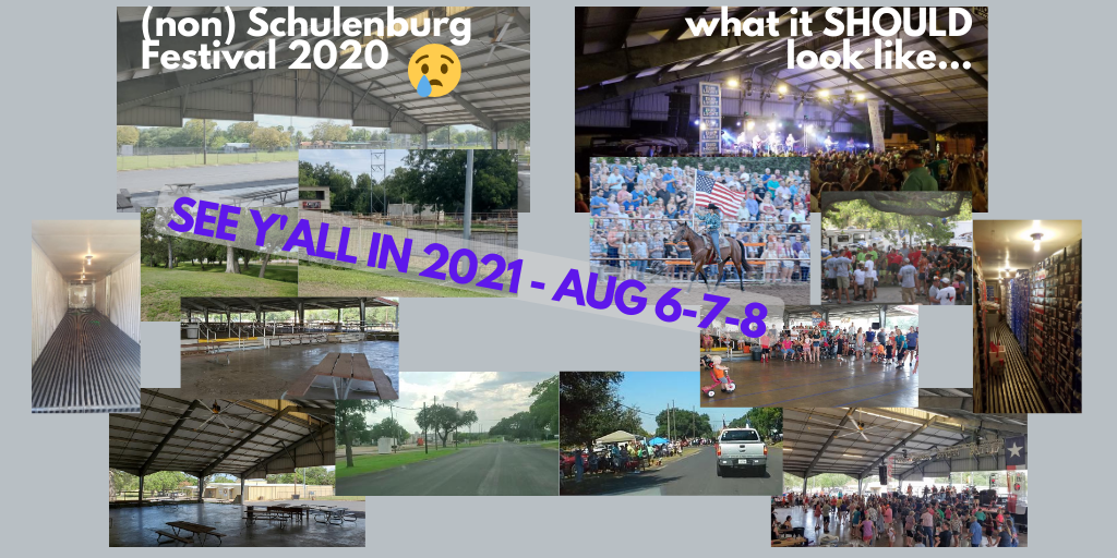 SchulenburgFest's tweet photo. So bummed that we aren't having the @SchulenburgFest this weekend...but mark your calendars for the 2021 #NationalPartyOfTexas

Aug 6-7-8..see y'all there!! https://t.co/dXfAmMRvaF