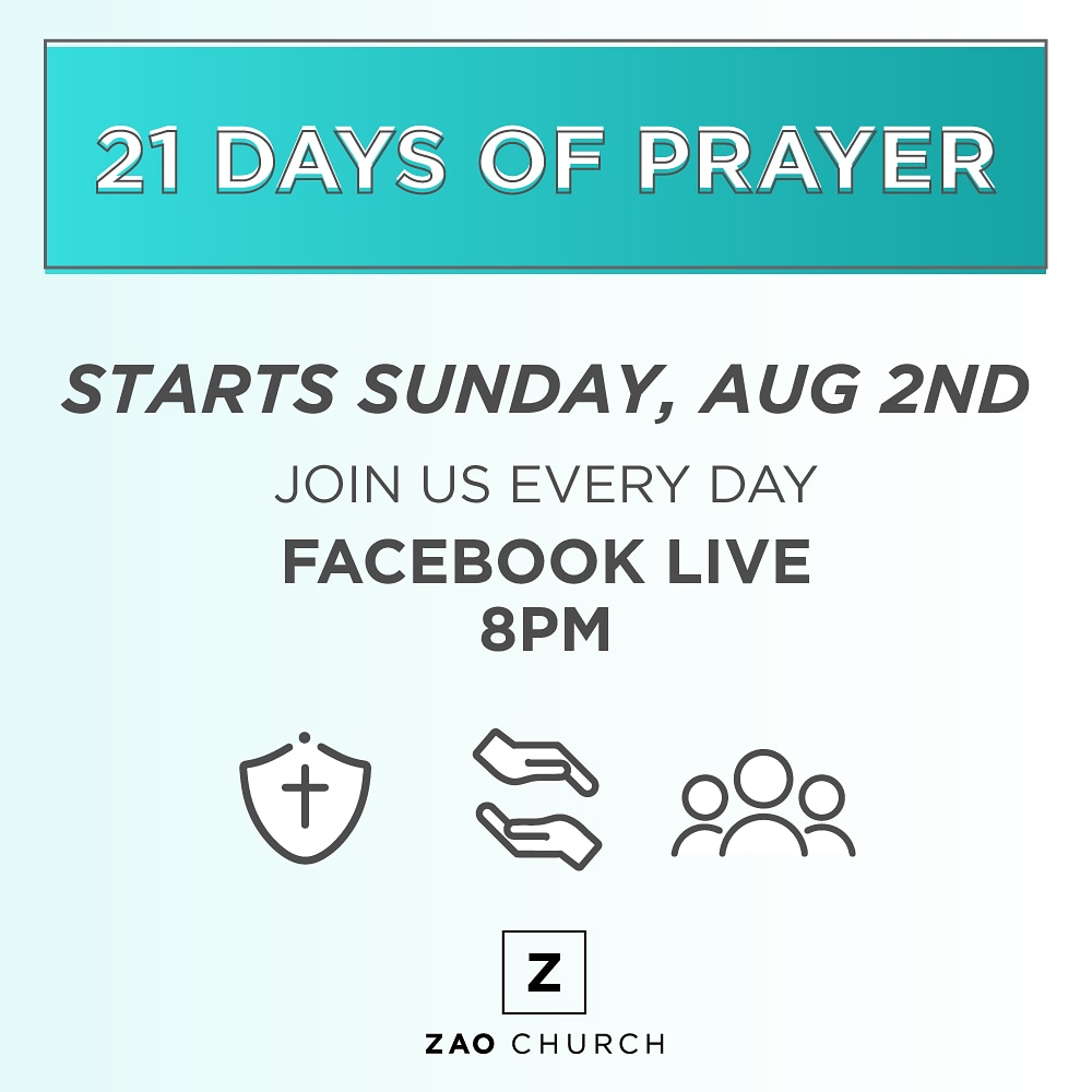 MyZaoChurch's tweet photo. We're kicking off our 21 Days of Prayer this Sunday, August 2nd! Each day, one of our team members will lead us in praying over a daily topic. Join us everyday on Facebook LIVE at 8pm!
https://t.co/gGUWD020OT https://t.co/n0rcFzRQjQ