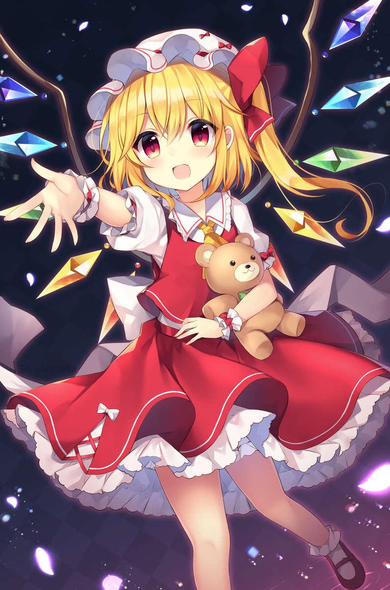 フランドール・スカーレット 「本日よりBOOTH通販予約受付中です!
新作のタペストリーと、過去グッズ色々置い」|ルヒカ🌸例大祭あ-05abのイラスト