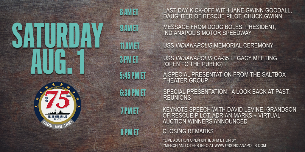 Your itinerary for Day 3 of the #USSIndy Virtual Reunion! What has been your favorite moment so far? The virtual auction closes today at 3pm ET - Check it out here along with reunion merch: ussindianapolis.com.