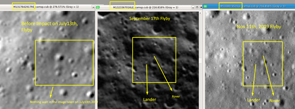 South Pole region is not always well lit and the lander was in a shallow depth of 2 ms from the surface so it was not visible in Nov 11th's NASA flyby due to different angle of incidence & would be difficult for anyone to find it unless the sun is directly above the surface(3/4)