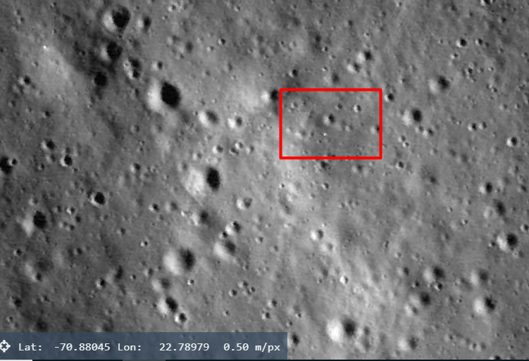 Since sun is never directly above moon's surface in that region, it would have been so difficult, the above image was taken on Jan4th, 2020 | The 1st image I tweeted is enlarged version of the below image (4/4)NASA map link :  https://quickmap.lroc.asu.edu/query?extent=22.7478433,-70.8891376,22.8321534,-70.8668661&proj=17&features=22.78525864,-70.88034892,22.78567838,-70.88127209,22.78949255,-70.88095892,22.78846738,-70.87989676,22.78525864,-70.88034892&selected=0&query=95&layers=NrBsFYBoAZIRnpEoAsjYIHYFcA2vIBvAXwF1Siylw4oNEQBmaaKBenfS870oA