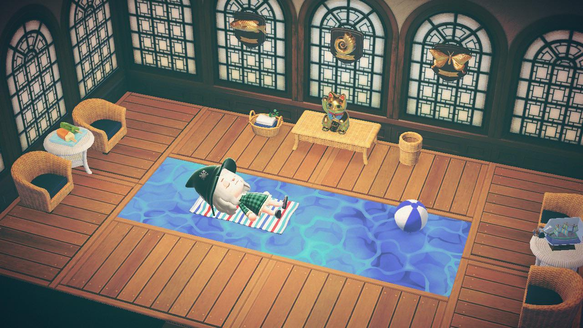 231. Une piscine d'intérieur ! (Source :  https://www.reddit.com/r/AnimalCrossing/comments/i1bg6w/indoor_swimming_pool_the_water_ripples_too/)