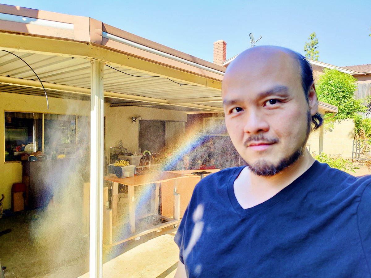 sumoliu's tweet photo. Working in the back yard on hot summer day, glad I installed water mist system to cool down the patio.  Love the cool mist and rainbow

#capoenterainment #filmmaking #filmmaker #filmcommunity #shortfilm #filmfestival #filmmakinglife #filmlife #filmset #filmmakers #behindthescenes https://t.co/P3lGs9l26F
