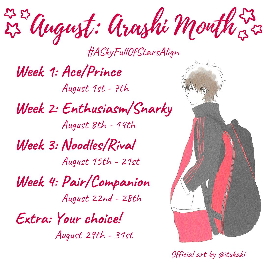 skyofstarsalign's tweet photo. August has arrived and we're celebrating #ArashiOji all month long! The first prompts are #Ace/#Prince - will you focus on Arashi's exceptional tennis skills or royal nickname? 👑 Best of luck! #ASkyFullOfStarsAlign #StarsAlign #星合の空 #Hoshiainosora https://t.co/kHrFxGoEAS