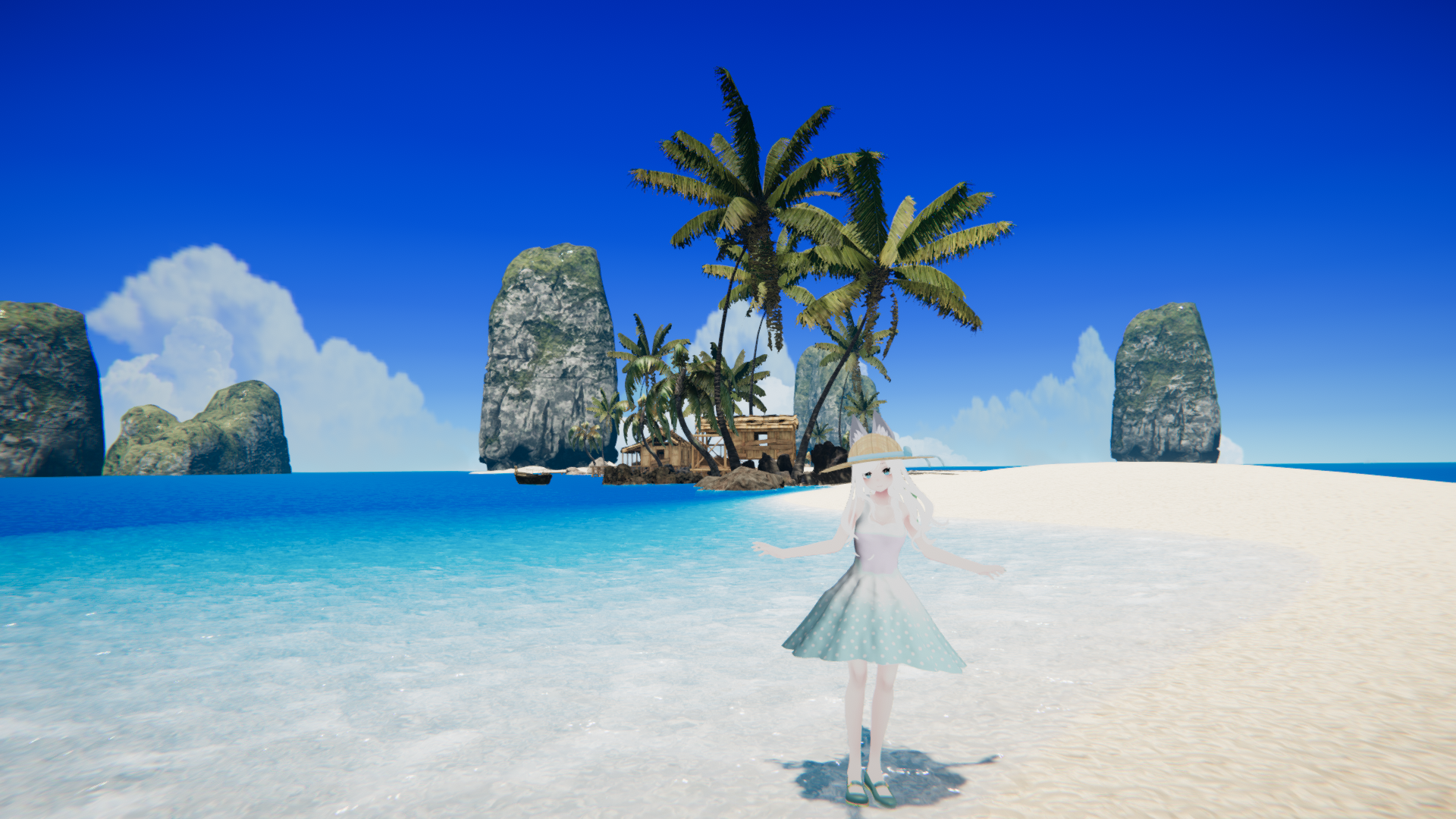 常盤いるむ Deep Blue By Fins 南国リゾートワールド 地上の風景のみでも美しいですが本編は海の中 海藻やサンゴで出来た森の間を行き交う生き物たちが圧巻の景色を見せてくれます 水中では浮かぶような独特の操作感に変わるのも良き Vrchat World