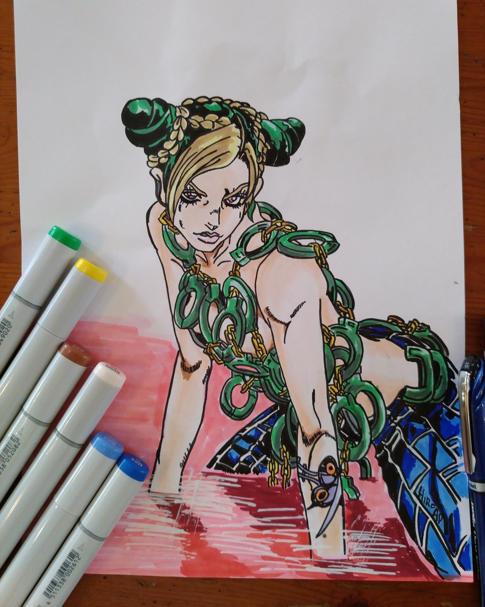 Fumi 在 Twitter 上 徐倫のイラストようやく色を塗りました 疲れたけど楽しかった 波の部分は修正液で表現しましたが上手くできなかった Jojo ジョジョ ジョジョの奇妙な冒険 徐倫 空条徐倫 ジョジョ6部 イラスト 模写 落書き 絵描きさんと繋がりたい