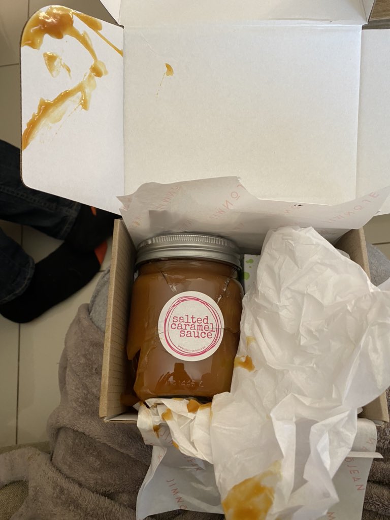 Being super excited because you bought a POT of caramel getting it and it’s smashed to pieces. Damn you couriers. There goes my weekend joy.