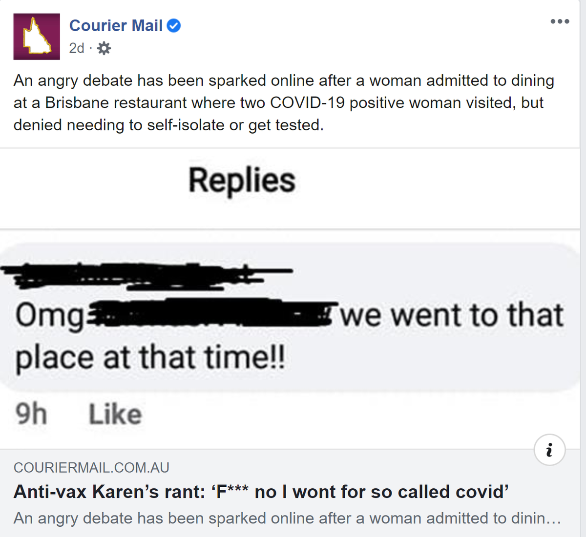 The  @Couriermail's story on this person who is refusing to get tested after dining in the same place as a positive case very kindly erases the name of the person in their post. Great to see that they're worried about her safety and wellbeing. It is framed as a 'debate'