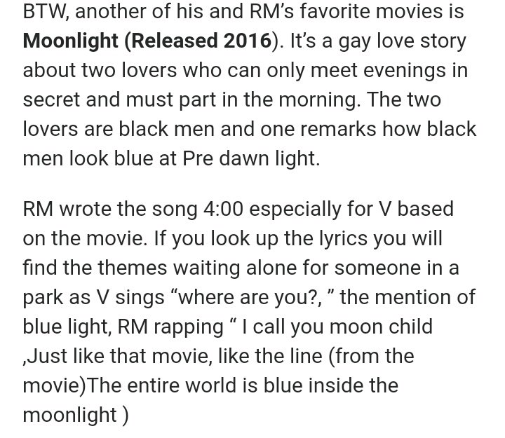 Another of his and Namjoon's favorite movie includes Moonlight which is a gay love story.