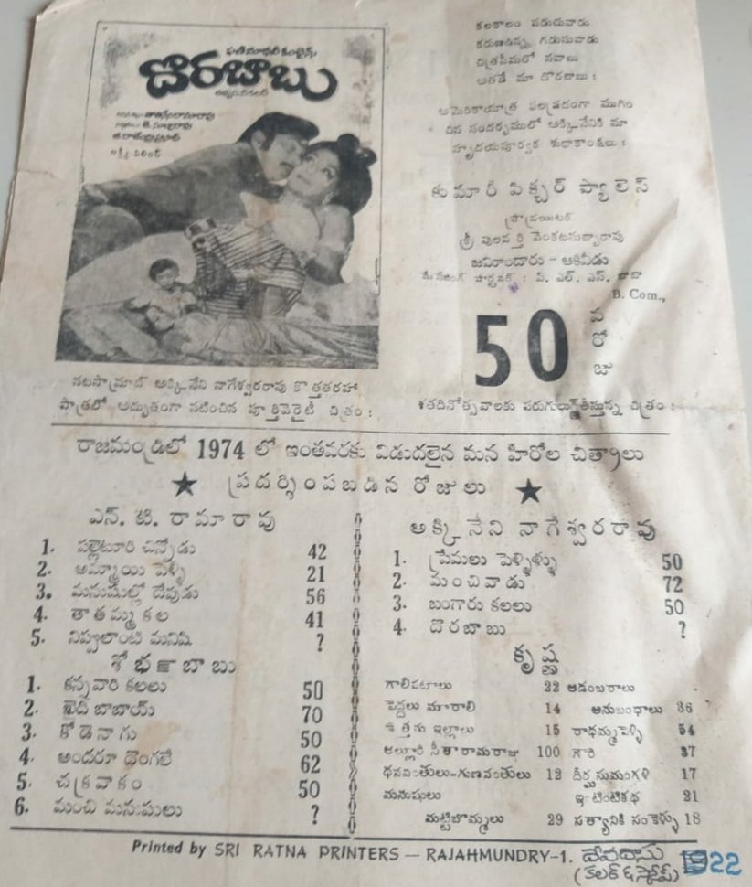 rao_goka's tweet photo. 1974 లో రాజమండ్రిలో తొలి తరం అగ్రహీరోలు ఏయన్నార్, ఎన్టీఆర్, కృష్ణ, శోభన్ బాబు గార్లు నటించిన చిత్రాల డైరెక్టు రన్ వివరాలు 👇
#TollywoodFlashback https://t.co/VYQRUNy8n4