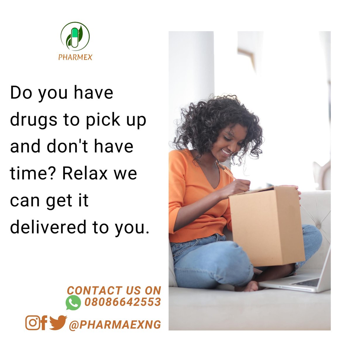 pharmexng's tweet photo. We are here for your convenience. Send us a WhatsApp message #digitalpharmacist #digitalpharmacy #onlinepharmacist #medicinesdelivery #doorstepmedicinedelivery #pharmaexng #pharmacare #careplan #medicationoptimization https://t.co/YE0Zl9rH8v