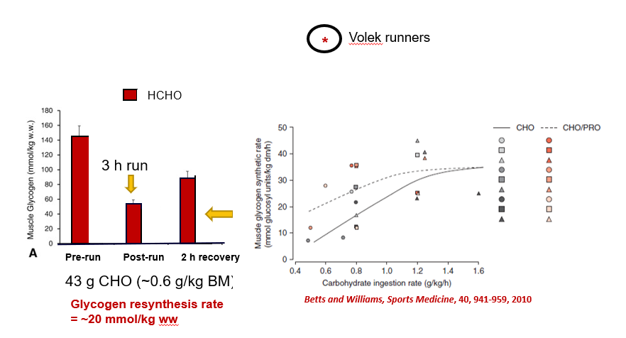 3. For context, look at high carb runners in Volek study. Glycogen restoration ~20 mmol/kg ww/h from 43 g carbs. I added this to review of post-exercise refuelling from many studies over many decades and it's off the charts. Possible explanation = gremlin in glycogen assay