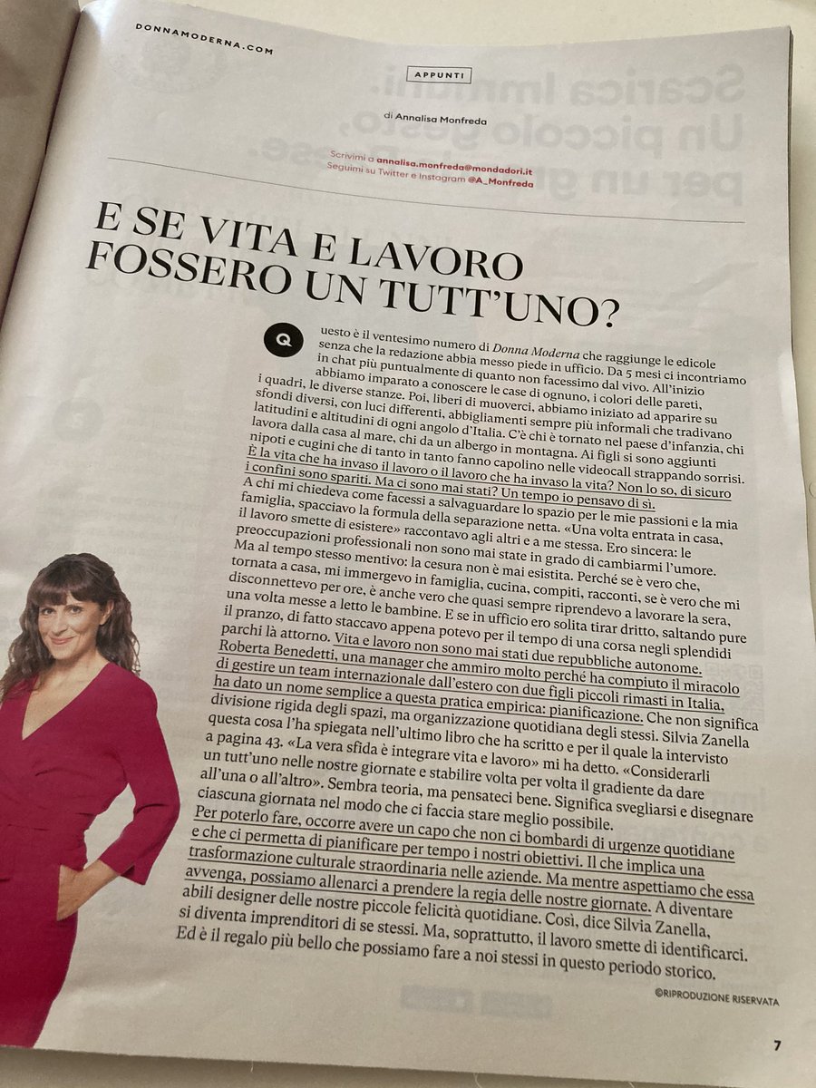 SilviaZanella_'s tweet photo. “E se vita e lavoro fossero un tutt’uno?”. 

È il titolo dello splendido editoriale di @DonnaModerna di @A_Monfreda, che ringrazio per la lunga e intensissima intervista che mi ha fatto in questo numero, in assoluto una delle più belle della mia vita.

#futurolavorofemmina https://t.co/GzVBWmlNqQ