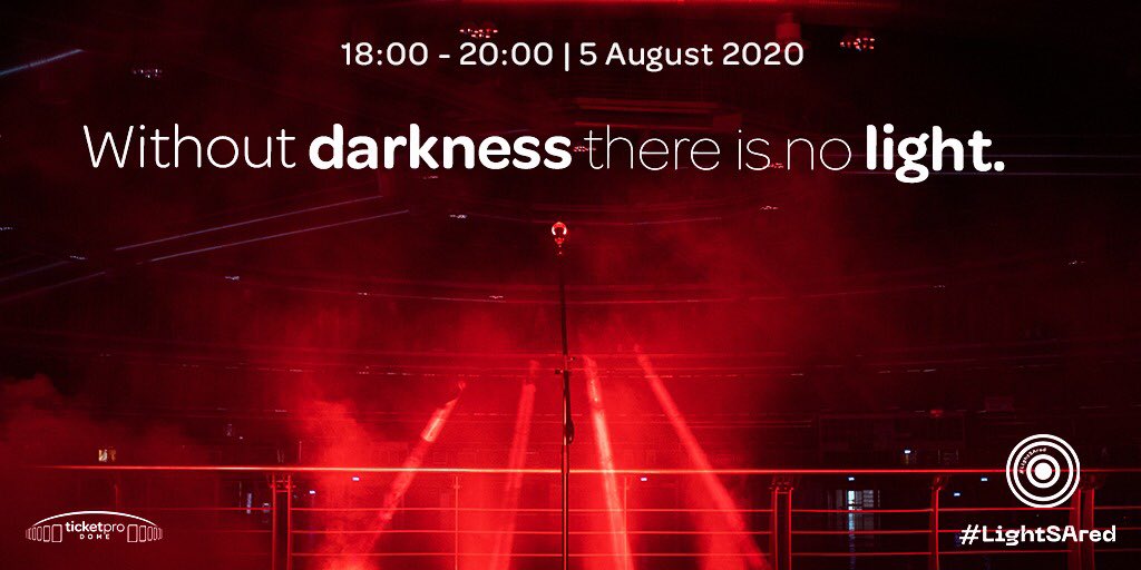 Ticketprodome's tweet photo. Without darkness, there is no light. Without events, there are no jobs for many South Africans. Join us on the 5th of August from 18:00 - 20:00 in support of the #LightSAred initiative. #EventsConnectPeople #SouthAfricaStandUp #ReopenSafely #SACIA https://t.co/g7NkWGW6dp