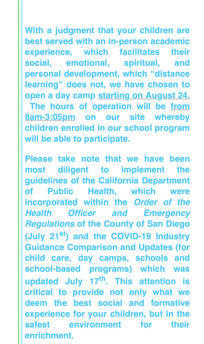 And. There it is. A Catholic school is launching a day camp. St. Therese Academy is going to adapt day camp rules to open as a, um, learning camp.