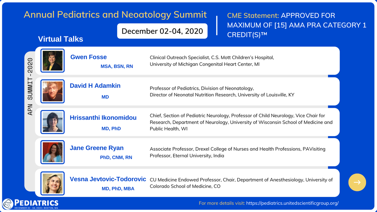 Join Dr. Fosse <a href="/MottChildren/">C.S. Mott Children's</a> , Dr. David H Adamkin <a href="/uofl/">University of Louisville</a> Dr. Vesna Jevtovic-Todorovic <a href="/CUMedicalSchool/">CU Anschutz School of Medicine</a> Dr. Hrissanthi (Chris) Ikonomidou <a href="/uwsmph/">UW School of Medicine and Public Health</a> Dr. Jane Greene Ryan <a href="/DrexelCNHP/">Drexel CNHP</a>  <a href="/Eternal_Univ/">Eternal University</a> for a virtual session on  #neonatology #pediatrics 
to join: pediatrics.unitedscientificgroup.org