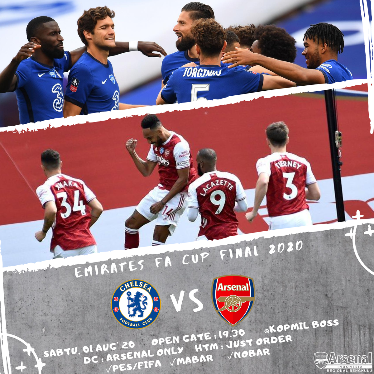 FINAL!!! RAMAIKAN KAWAN"!!!TERBUKA UNTUK SEMUA GOONERS!!!

📆 : Sabtu, 01 Agustus 2020
⏰ : 19.30 WIB
🏠 : Kopmil Boss
👕 : Arsenal 
CP : Noval (0898-5631-199)

#chears #FinalFACup #ramaikan #VCC #COYG #GunningforTrophy #matchscreeningaisbkl #nobarseruaisbkl