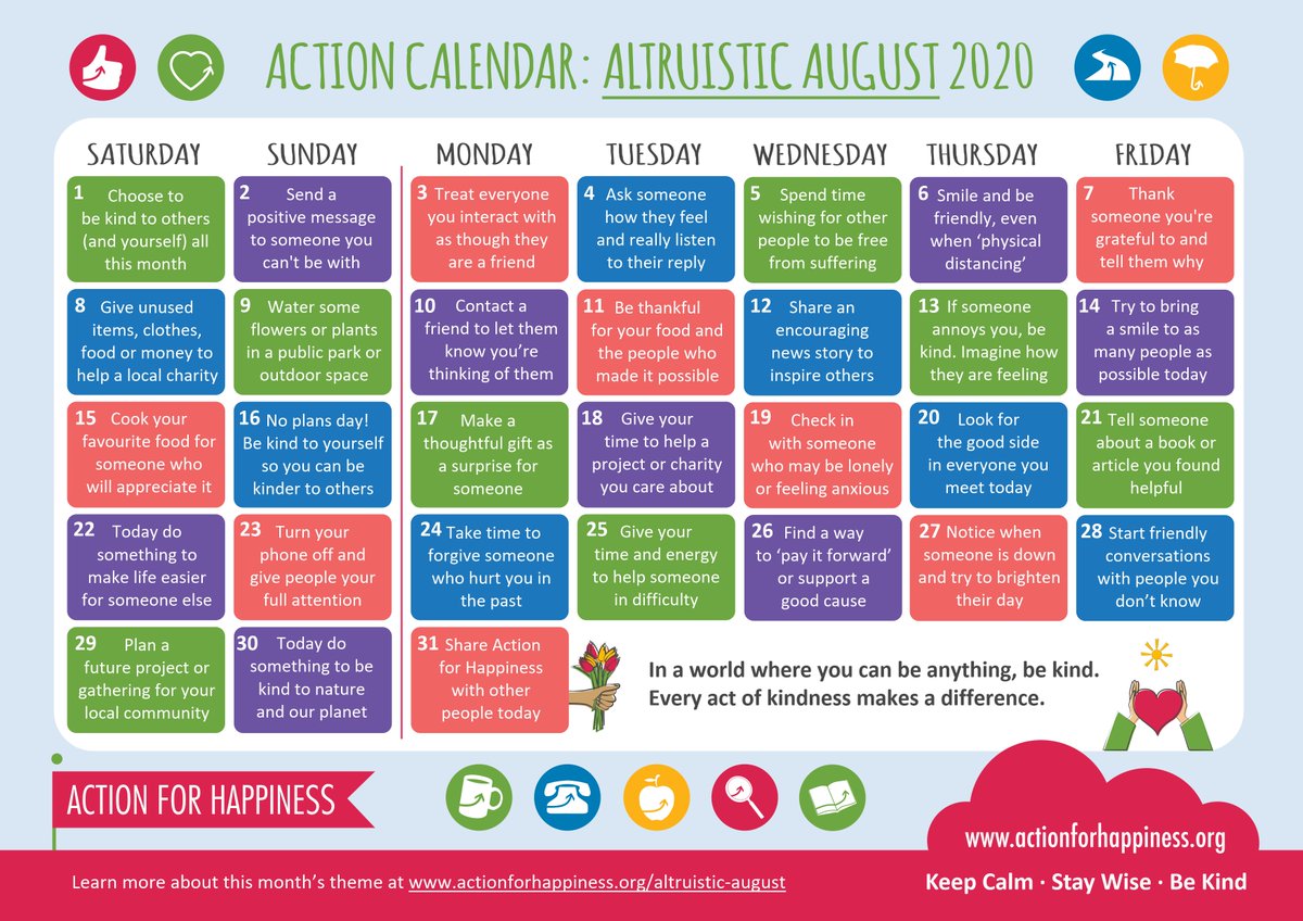 lucywhitehall's tweet photo. #AltruisticAugust This month's offering from @actionhappiness is all about #altruism and #kindness. Kindness to others increases our psychological #wellbeing levels. What small (or maybe big) kindness can you offer someone today? #transformandthrive #bekind #startwithyourself https://t.co/TRHjIFc7ke