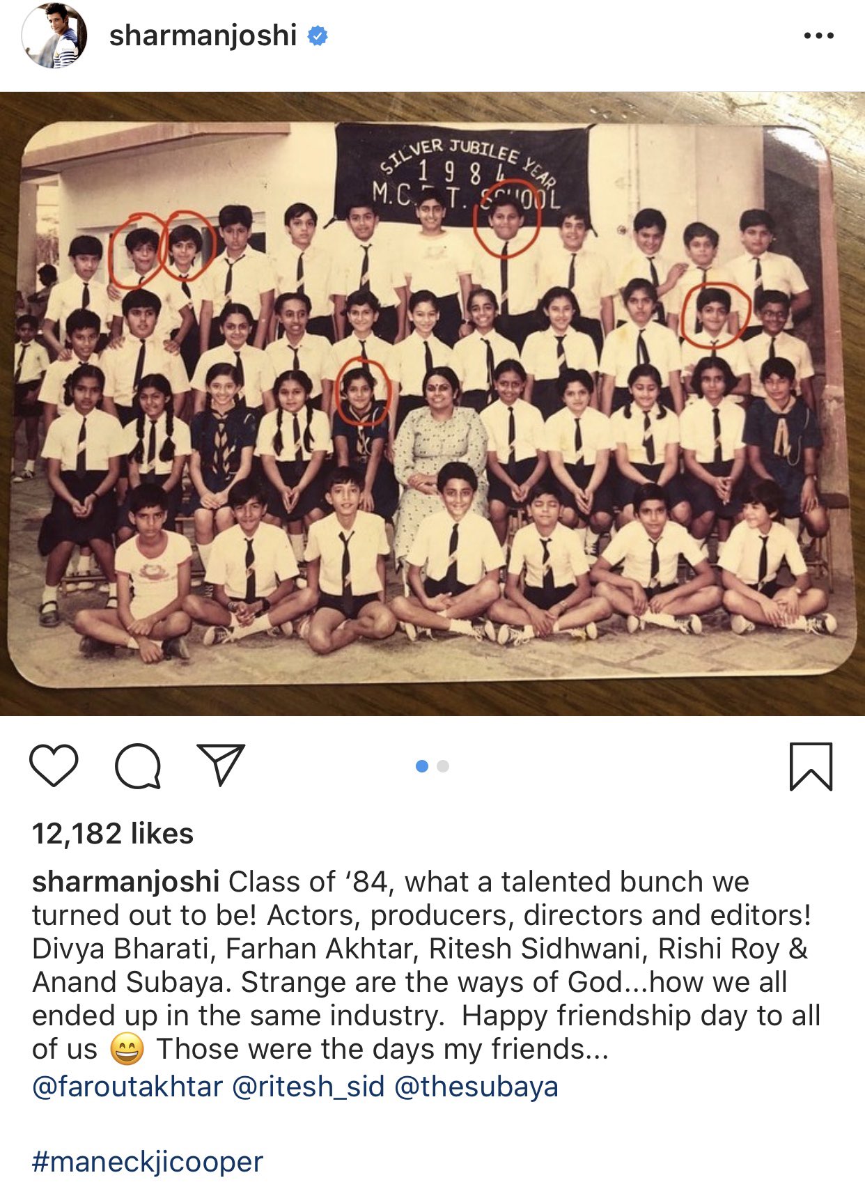 Once Sharman Joshi posted his class picture which had Divya Bharti too. But  Divya was born in 1974 and Sharman in 1979. So how can they be in the same  class? : r/BollyBlindsNGossip