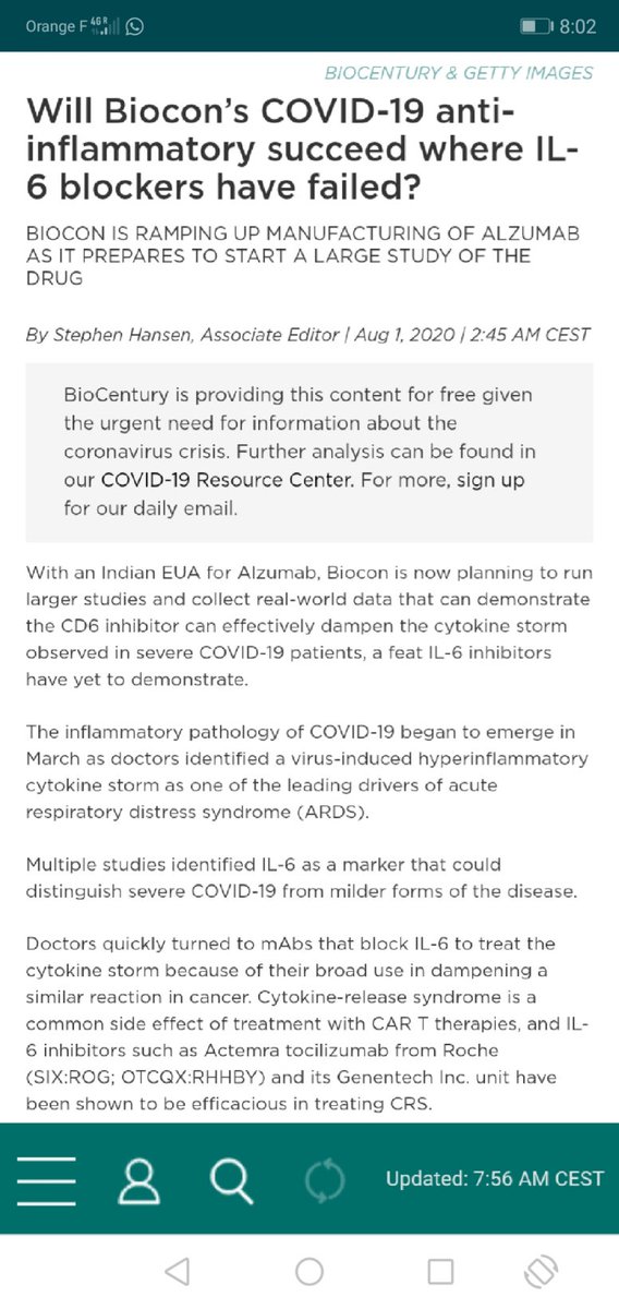  @StephenPHansen public health ENDANGERING interview w/  @kiranshaw. #Itolizumab can be SERIOUSLY HARMING. Phase II clinical TRIAL SHADY. BIOCON has no clue of RIGHT patient/time. NO clue for critical cases, shady trial ONLY for moderate cases. https://mobile.twitter.com/das_seed/status/1284371955097964544