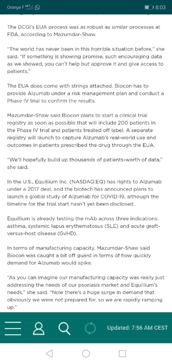  @StephenPHansen public health ENDANGERING interview w/  @kiranshaw. #Itolizumab can be SERIOUSLY HARMING. Phase II clinical TRIAL SHADY. BIOCON has no clue of RIGHT patient/time. NO clue for critical cases, shady trial ONLY for moderate cases. https://mobile.twitter.com/das_seed/status/1284371955097964544