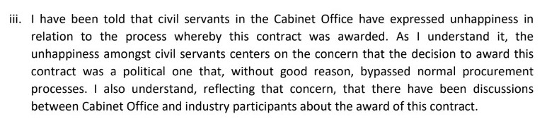 I talk about unhappiness in the Cabinet Office about the grant of this contract and a belief amongst some civil servants that the decision to award it was a "political" one.