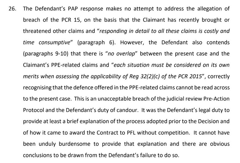 Second, we set out why we think the judicial review claim should succeed.First, we say the Government can't rely on the extreme urgency procedure to get these services. And we point out the Govt has not even bothered to contend otherwise and has breached its duty of candour.