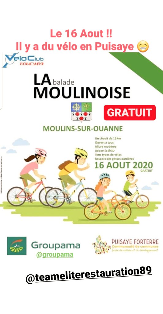 🔊🚲 16Aout - Moulins Sur Ouanne ➡️ La Balade Moulinoise - Gratuit - 9h30 - Boucle de 15kmsx1 x2 x3... - Allure libre - Enfants bienvenus 😉 - Bonne ambiance 😁
Cette balade sera suivie dans l'AM du championnat régional élite 🥳🚲
Merciii à nos fidèles partenaires 😘