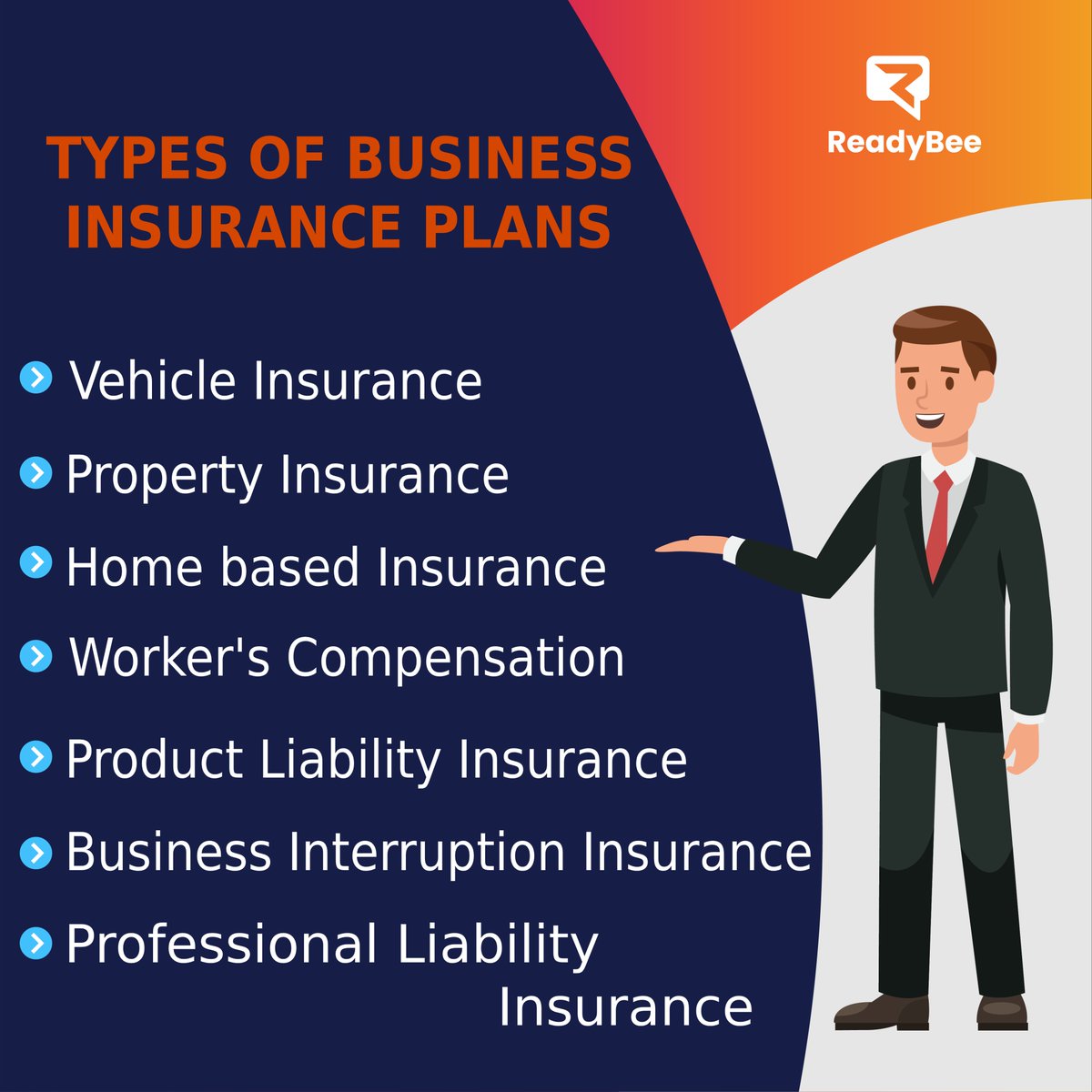 readybeeOnline's tweet photo. TYPES OF BUSINESS INSURANCE PLANS :
1. Professional liability insurance
2. Property insurance
3. Workers compensation insurance
4. Home-based businesses
5. Product liability insurance
6. Vehicle insurance
7. Business interruption insurance
#business #insuranceplans #readybee https://t.co/LBBiPr67fh