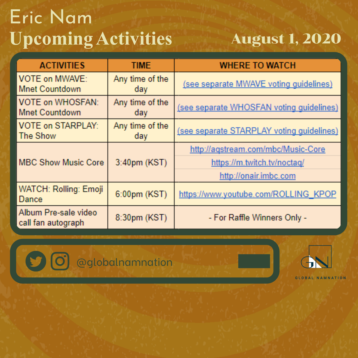 globalnamnation's tweet image. 📅#EricNamSchedule
🖲 #VotingGuide
Eric Nam's Activities for August 1, 2020.

Don't forget to vote Eric Nam on MWAVE and WHOSFAN for MNet Countdown, and StarPlay for The Show.
Please see separate guidelines on thread.

#EricNam #에릭남 #TheOtherSide #ParadiseWithEricNam