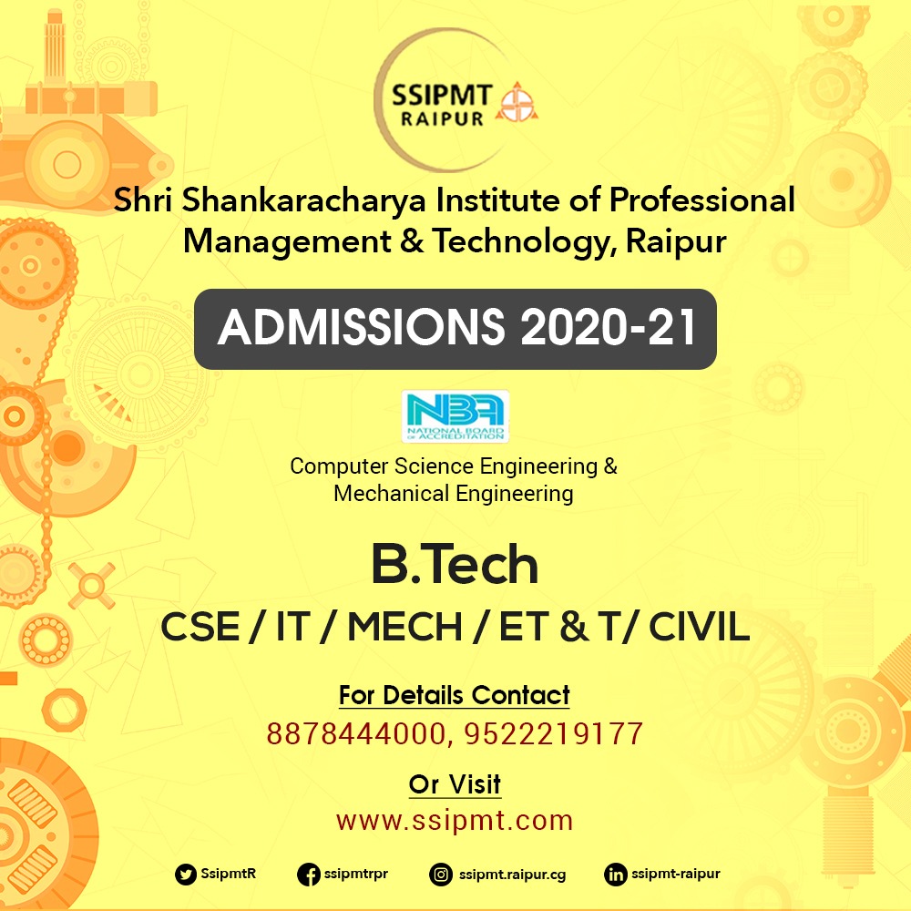 Admissions open for B.Tech (CSE/IT/ET&T/Mech/Civil)forms.gle/qLhaHYAnxrBq2Q…
For more details contact: 8878444000
9522219177
or visit ssipmt.com

#AdmissionOpen #Admission #AdmissionOpen2020_21 #BestCollege #SSIPMTRaipur #Raipur #Chhattisgarh