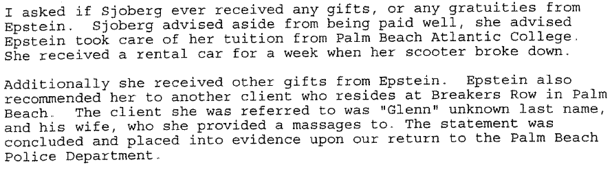 Johanna Sjoberg's story starts on pg 1867. Recruited by  #GhislaineMaxwell in 2003, back before 20 years old was too old for  #Epstein. Nude massages for Epstein got her tuition paid and led to massages for Glenn Dublin and his wife.