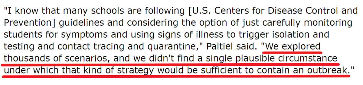 Here I go a bit into the weeds of  @ADPaltiel's modelling. JAMA paper says "This model did not identify symptom-based screening alone as sufficient to contain an outbreak under any of the scenarios we considered." See alsolinked comments to the press. 1/ https://consumer.healthday.com/infectious-disease-information-21/coronavirus-1008/college-students-will-need-covid-tests-every-2-3-days-for-campus-safety-study-760002.html