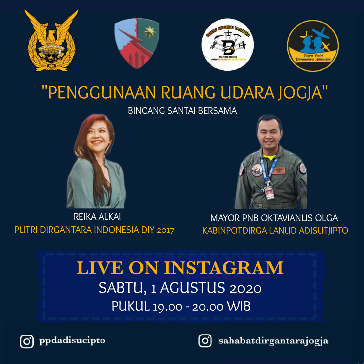 ppdadisucipto's tweet photo. Bincang santai bersama Putri Dirgantara Indonesia DIY &amp; Mayor Pnb Oktavianus @olgarissa malam ini dgn tema "Penggunaan Ruang Udara Jogja"
pukul 19.00-20.00 WIB
Live on instagram @ppdadisucipto, jgn sampai terlewat ya! 😎 https://t.co/C89LCSYEVg