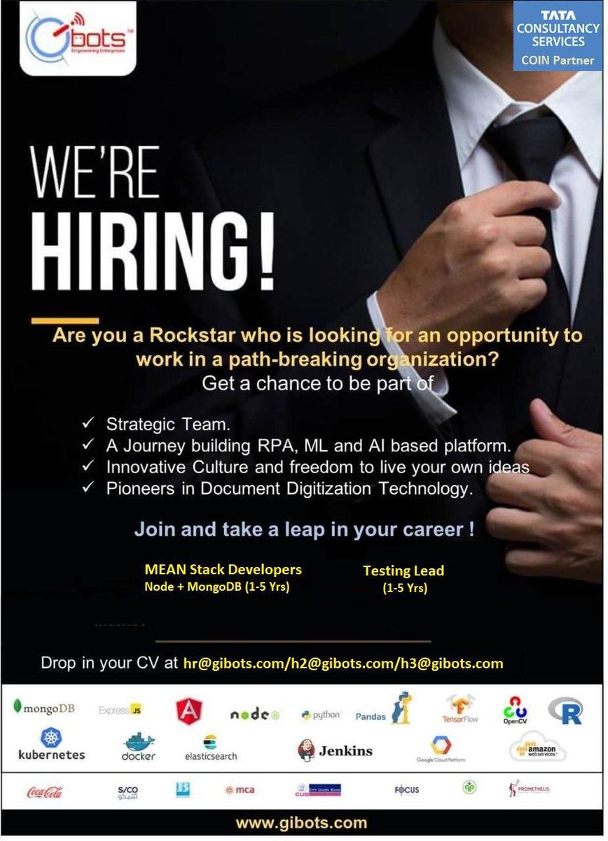 AIQoD_'s tweet photo. We are hiring for the position of Mean Stack Developers &amp; Testing Lead(Node + MongoDB)  

Drop in your CV at hr@gibots.com,hr2@gibots.com,hr3@gibots.com

#Jobs #Gibots #Career #Hiring #AI #ML   #MeanStackDeveloper #TestingLead
#hiringnow #recruitment #vacancy #nodejs #mongodb https://t.co/BkDJgQdHdc