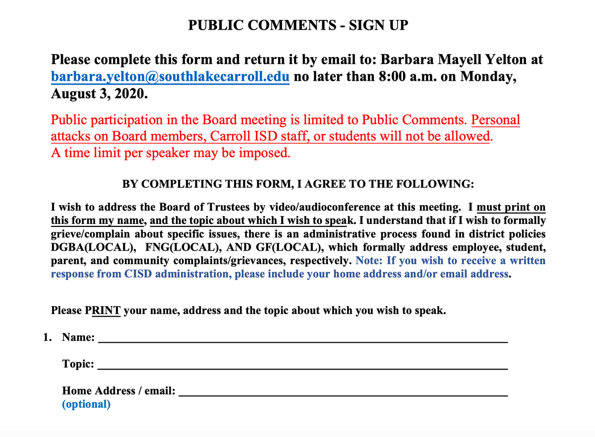 Once you've finished both readings, you can give a public comment in support of the action plan during the Monday meeting. Fill out the sign-up sheet online and email to Barbara.Yelton@SouthlakeCarroll.edu no later than 8 a.m. on Monday.  https://www.southlakecarroll.edu/cms/lib/TX02219131/Centricity/Domain/80/public%20comments%20reg.pdf