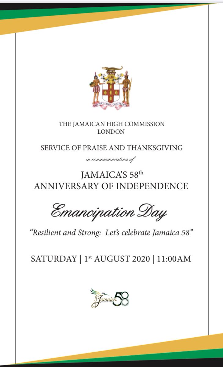 dewdropbook's tweet photo. Jamaican family & friends it is #emmancipation day 🇯🇲❣️
This year we’ll have a #virtual #service of Praise and Thanksgiving in commemoration of Jamaica’s 58th Anniversary of Independence.
Sat.01.08.20 at 11:00 a.m. #bst #🇬🇧
#YouTube & #Facebook
Jamaica High Commission UK https://t.co/0JdWibjyYP