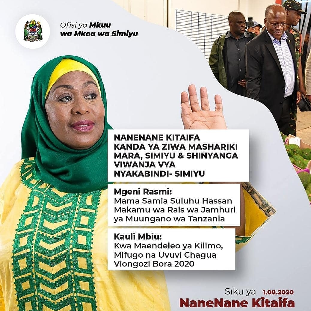 simiyu_region's tweet photo. #SimiyuRegionUpdates
Karibu kufuatilia matangazo ya 'live' ya Maonesho ya Nanenane Kitaifa mwaka 2020, kupitia TBC 1 na TBC Taifa kutoka Viwanja vya Nyakabindi Bariadi Simiyu, Kanda ya Ziwa Mashariki
Mgeni rasmi ni Makamu wa Rais wa wa Tanzania,Mhe. Samia Suluhu Hassan. https://t.co/jlbjdqOHRi