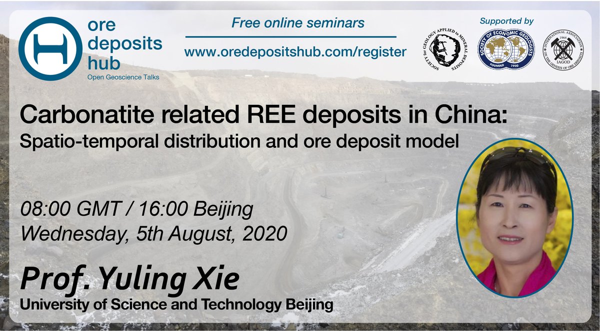 Next Wednesday at 08.00 GMT, Prof. Yuling Xie will tell us about the most important deposit type for REEs in the country that produces the most REEs!
Meeting details will be sent around on Tuesday: oredepositshub.com/register

#IAGOD <a href="/SocietyEconGeol/">Society of Economic Geologists</a> <a href="/SGA_Geo/">SGA</a> #REE #mineralexploration
