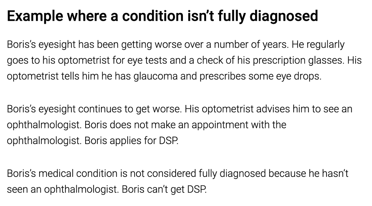 the example Centrelink gives for a "not fully diagnosed" condition (ineligible for DSP) is "when you cbf going to the specialist" but it also applies to *anyone* whose diagnosis is not clear. which is basically all disabled women for years, possibly forever