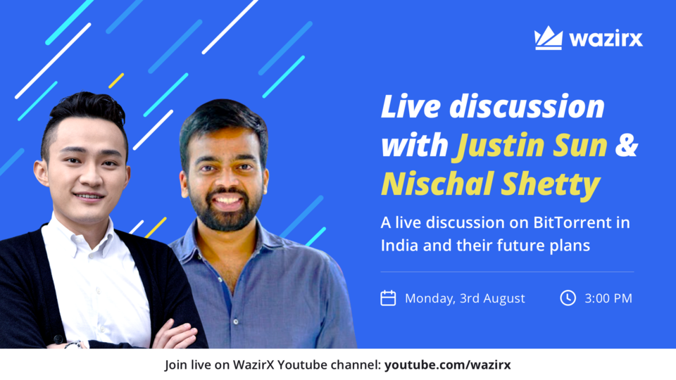WazirXIndia's tweet photo. We are going live with @justinsuntron &amp; @NischalShetty to discuss @BitTorrent in India on Monday, 3rd August, 3 PM!

Spread the word 🙌

We're giving away 25445.2 BTT each to 5 lucky people who:

1. Retweet this tweet
2. Reply to this tweet &amp; mention 3 friends

Valid for 24 hours https://t.co/Wsf7ltZoUq