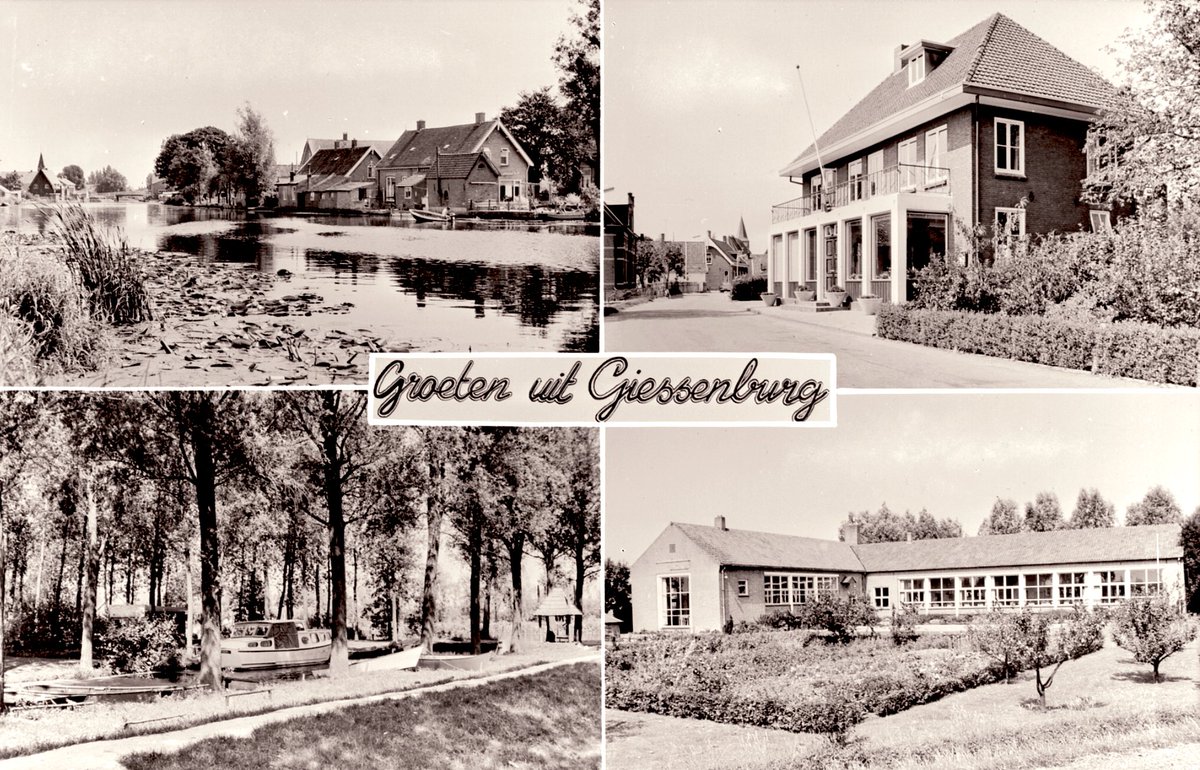 Groeten uit #Giessenburg! 
Met 1. een kijkje op de Giessen, 2. het gemeentehuis (nu <a href="/MusHetReghthuys/">Museum Het Reghthuys</a>), 3. het Oudkerks bos in Neerpolder en 4. de Lagere school - ooit Huishoudschool - in Giessen-Oudekerk.