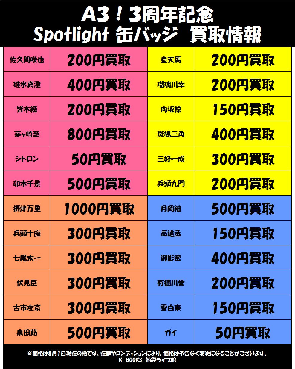 K Books ライブ館 買取情報 a3 3周年記念グッズより Spotlight缶バッジの買取告知を更新しました 茅ヶ崎至 さんは800円 摂津万里 くんは1000円で お買い取りします お持ち込みお待ちしております Kbooks エースリー 春組 K Books ライブ館 買取情報 a3 3周年記念グッズより Spotlight缶バッジの買取告知を更新しました 茅ヶ崎至 さんは800円 摂津万里 くんは1000円で お買い取りします お持ち込みお待ちしております Kbooks エースリー 春組