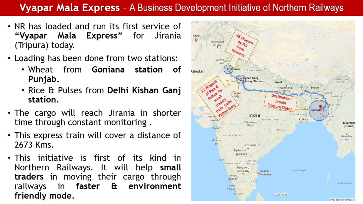 N.Rly started its first service of Vyapar Mala Express for Jirania,Tripura today. Loaded with wheat from Goniana, Punjab &amp; Rice &amp; Pulses from Kishanganj, Delhi. 
These trains will help businesses move small and less than full trainload cargo sizes speedily.

#VyaparMalaExpService
