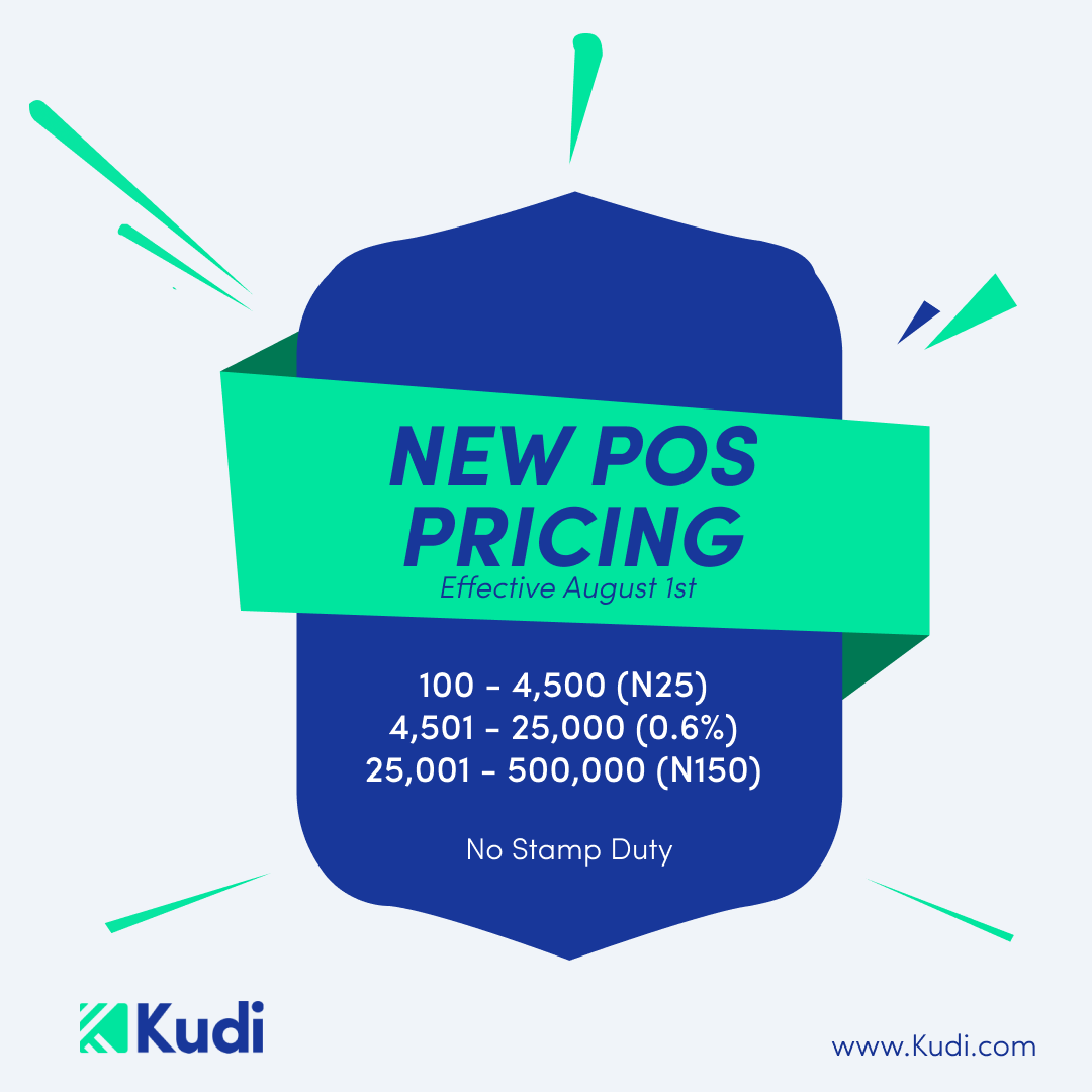agentbankingg's tweet photo. Good news for @kudihq agents.
Starting from today, you will be charged N150 flat fee for transactions above N25,000 to N500,000. Also, no more Stamp Duty on Kudi. 

See the image below for the full details of the new POS pricing.
#AgentBanking #BankingAgent https://t.co/LdkP9jI13r