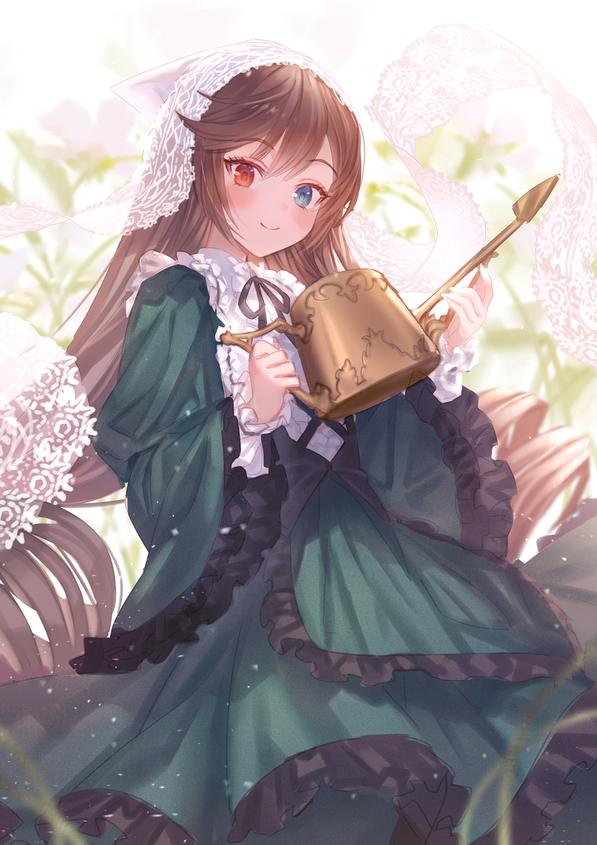 suiseiseki 1girl watering can solo long hair heterochromia brown hair dress  illustration images